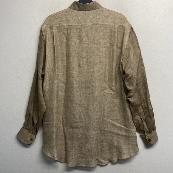 AT Anthony Tarassi 100% Linen Brown  Tan Button Down Shirt Woven Back Detail - Picture 2 of 9